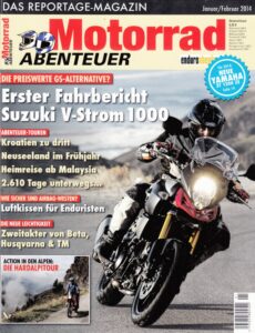Titelseite: Motorrad ABENTEUER 1/2 2014 – Test Suzuki V-Strom 1000; Beta RR 300; Husqvarna TE 300; TM Racing EN 250