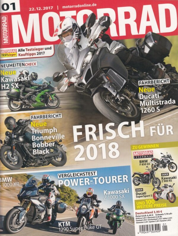 MOTORRAD 01/2018 – Frisch für 2018: Multistrada 1260 S, H2 SX, Bobber Black, Power‑Tourer Vergleich