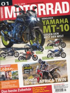 Titelseite: MOTORRAD 01/2016 – Yamaha MT-10 gegen den Rest der Welt, Honda CRF 1000 L Africa Twin, Testsieger Zubehör 2015