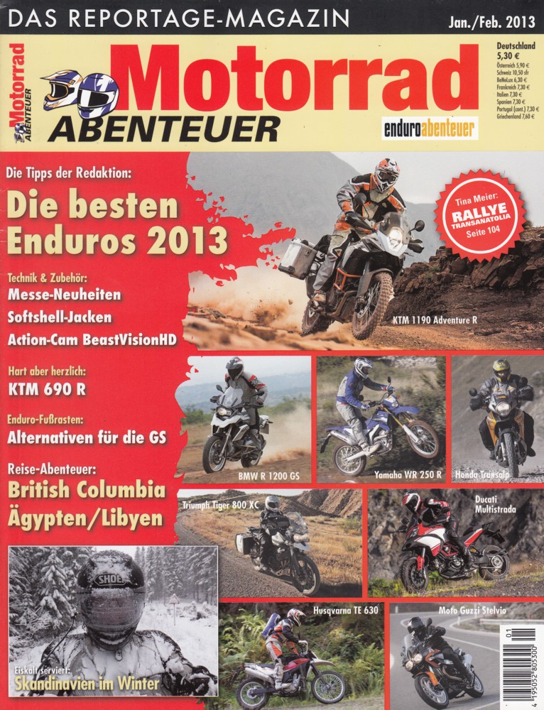 Titelbild: Motorrad Abenteuer 1/2 2013 – Test KTM 690 Enduro R; BMW R 1200 GS, Fußrasten-Test