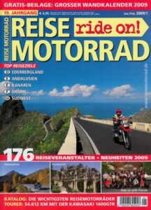 Titelseite: REISE MOTORRAD ride on! 1/2009 – KAWASAKI 1400 GTR mit 114 kW (155 PS) nach dem Langstreckentest