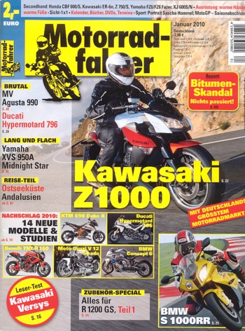 Motorradfahrer 1/2010 – Kawasaki Versys mit 47 kW (64 PS) nach dem Lesertest; MV Agusta Brutale 990 R mit 102 kW (139 PS) Test & Technik