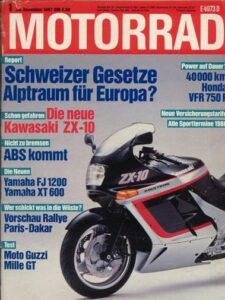 Titelseite: MOTORRAD 1/1988 – Fahrbericht Kawasaki ZX-10; Dauertest Honda VFR 750 F