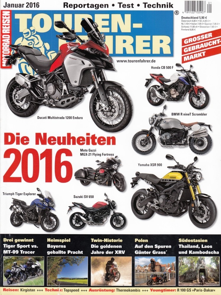 Titelbild: TOURENFAHRER 1/2016 – Triumph Tiger Sport vs. Yamaha Tracer 900