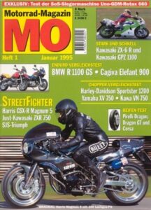 Titelseite: MO 1/1995 – Vergleich Harley-Davidson XLH 1200 vs. Kawasaki VN 750 vs. Yamaha XV 750