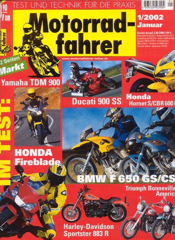 Motorradfahrer 1/2002 – Honda CBR 900 RR Fireblade; BMW F 650 CS; BMW F 650 GS; Test Aprilia RS 250