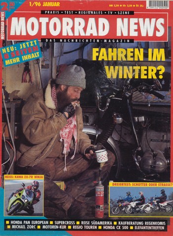 MOTORRAD NEWS 1/1996 – Kawasaki ZX-7R Ninja mit 72 kW (98 PS) Test & Technik; Honda ST 1100 Pan European mit 74 kW (100 PS) Probefahrt