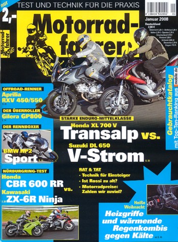 Motorradfahrer 1/2008 – Gilera GP 800 mit 50,5 kW (69 PS) Test & Technik; BMW HP2 Sport mit 98 kW (133 PS) Test & Technik