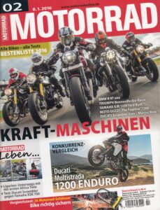 Titelseite: MOTORRAD 02/2016 – Ducati Multistrada 1200 Enduro, BMW R nineT, Triumph Bonneville