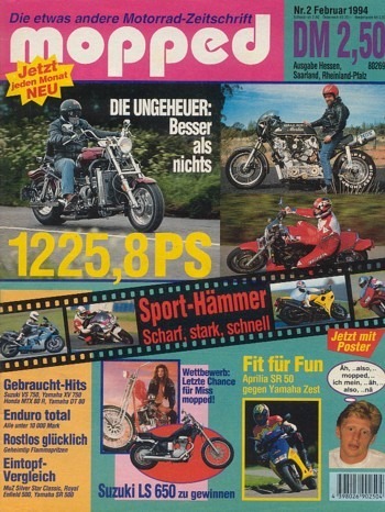 mopped 2/1994 – Aprilia SR 50 mit 2 kW (2,7 PS) im Vergleich, Yamaha YE 50 Zest im Vergleich, Yamaha SR 500 mit 20 kW (27 PS) im Vergleich