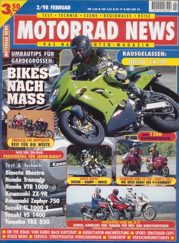 MOTORRAD NEWS 2/1998 – Kawasaki ZX-9R Ninja mit 105 kW (143 PS) Test & Technik; Bimota Mantra mit 58 kW (78 PS) Test & Technik; Honda VTR 1000 F Firestorm mit 81 kW (110 PS) im Vergleichstest