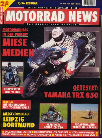 MOTORRAD NEWS 2/1996 – Yamaha TRX 850 mit 61 kW (83 PS) Test & Technik; Suzuki VS 800 GL Intruder mit 37 kW (50 PS) Test & Technik