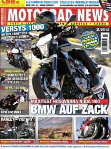 Titelseite: MOTORRAD NEWS 2/2012 – Kawasaki Versys 1000 mit 86,8 kW (118 PS) im Test; KTM 690 Duke mit 51,5 kW (70 PS) im Test; Victory Hammer S mit 70 kW (95 PS) im Vergleichstest