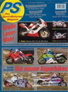 Titelseite: PS 2/1994 – Honda VFR 750 F mit 72 kW (98 PS) im Vergleichstest, Kawasaki ZXR 750 mit 74 kW (100 PS) im Vergleichstest