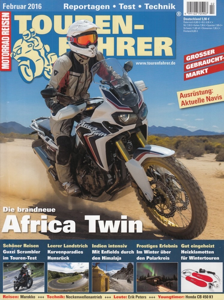Titelbild: TOURENFAHRER 2/2016 – Honda Africa Twin ; Moto Guzzi V7 II Scrambler