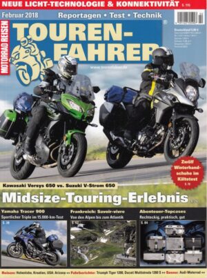 TOURENFAHRER 2/2018 – Suzuki V-Strom 650 mit 52 kW (71 PS) im Vergleichstest, Kawasaki Versys 650 mit 51 kW (69 PS) im Vergleichstest