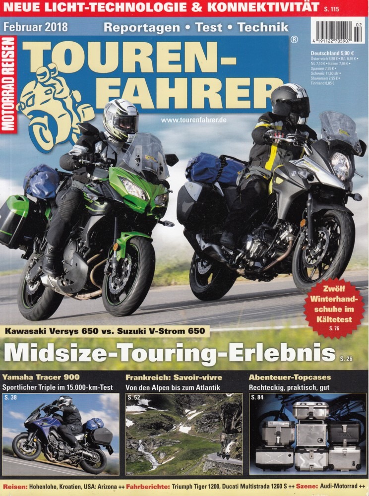Titelbild: TOURENFAHRER 2/2018 – Suzuki V-Strom 650 vs. Kawasaki Versys 650