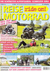 Titelseite: REISE MOTORRAD ride on! 2/2015 – Triumph Tiger 800 XC / XR mit 70 kW (95 PS) im Test, BMW R 1200 R mit 92 kW (125 PS) im Test
