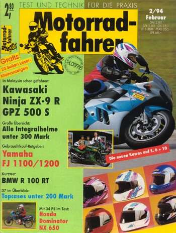 Motorradfahrer 2/1994 – Kawasaki ZX-9R Ninja; Kawasaki GPZ 500 S; Test Honda NX 650 Dominator; BMW R 100 RT