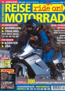 Titelseite: REISE MOTORRAD ride on! 2/2001 – Yamaha FJR 1300 mit 105,5 kW (144 PS) Test & Technik, BMW R 1150 R mit 62,5 kW (85 PS) Test & Technik