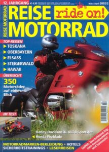 Titelseite: REISE MOTORRAD ride on! 2/2002 – Harley-Davidson Sportster 883 Roadster mit 39 kW (53 PS) Test & Technik