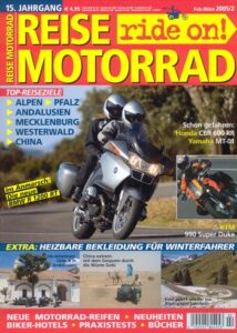 Titelseite: REISE MOTORRAD ride on! 2/2005 – BMW R 1200 RT mit 81 kW (110 PS) Präsentation, Yamaha MT-01 mit 66 kW (90 PS) Test & Technik