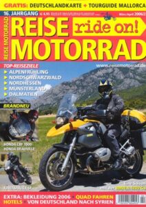 Titelseite: REISE MOTORRAD ride on! 2/2006 – BMW R 1200 GS mit 72 kW (98 PS) im Langstrecken-Test, Honda CBF 1000 mit 72 kW (98 PS) Test & Technik