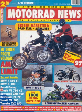 MOTORRAD NEWS 2/1997 – Suzuki VZ 800 Marauder mit 37 kW (50 PS) im Vergleichstest; Yamaha XVS 650 Drag Star mit 29 kW (40 PS) im Vergleichstest; Kawasaki ZX-7R Ninja mit 72 kW (98 PS) im Vergleichstest