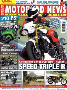 Titelseite: MOTORRAD NEWS 3/2012 – Kawasaki ZZR 1400 mit 147 kW (200 PS) im Test; Triumph Speed Triple R mit 99 kW (135 PS) im Test; Kawasaki Versys 1000 mit 86,8 kW (118 PS) im Maxi-Test