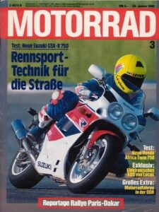 Titelseite: MOTORRAD 3/1990 – Test Suzuki GSX-R 750; Test Honda XRV 750 Africa Twin