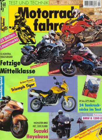Motorradfahrer 3/1999 – Hayabusa, 750 SS vs. SV 650 S vs. Fazer, Cruiser-Trio