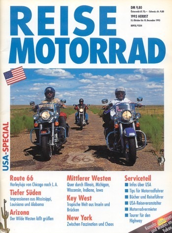 REISE MOTORRAD Herbst 1993 – Harley-Davidson, damit unterwegs auf der US OLDE ROUTE 66, Kawasaki KLR 250, damit unterwegs im Yukon/Kanada