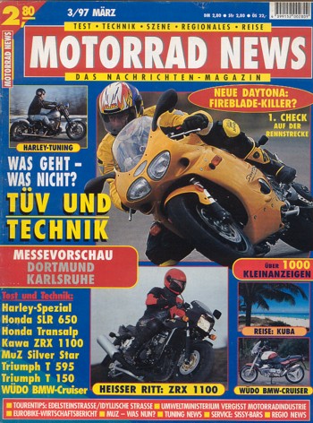 MOTORRAD NEWS 3/1997 – Kawasaki ZRX 1100 mit 72 kW (98 PS) Test & Technik; Triumph Daytona T 595 mit 96 kW (130 PS) Test & Technik; Honda SLR 650 mit 29 kW (39 PS) im Vergleichstest