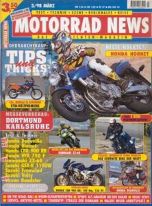 Titelseite: MOTORRAD NEWS 3/1998 – Voxan Roadster 1000 mit 79 kW (108 PS) Test & Technik; Honda CB 600 F Hornet mit 70 kW (95 PS) Test & Technik; Kawasaki ZX-6R Ninja mit 79 kW (108 PS) Test & Technik