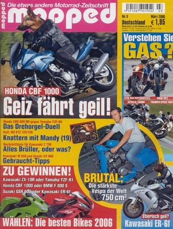 mopped 3/2006 – Triumph Speed Triple 1050 mit 96 kW (130 PS) im Vergleichstest, KTM 950 Supermoto mit 72 kW (98 PS) im Vergleichstest