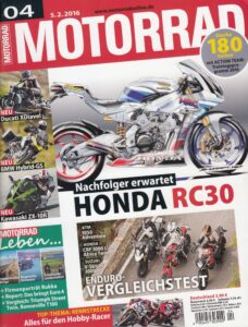 Titelseite: MOTORRAD 04/2016 – Honda RC30 Nachfolger erwartet, Enduro-Vergleichstest, Ducati XDiavel, BMW Hybrid-GS, Kawasaki ZX-10R