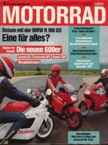 Titelseite: MOTORRAD 4/1988 – Dauertest Kawasaki GPX 750 R; Fahrbericht BMW R 100 GS