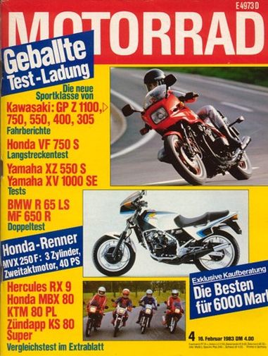 MOTORRAD 4/1983 – Test Kawasaski GPZ 1100 mit 74 kW (100 PS) im Test; Test Honda MVX 250 F mit 29 kW (40 PS) im Test