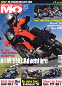 Titelseite: MO 4/2006 – Fahrbericht Suzuki GSX-R 750; Ducati Monster S4RS; KTM 990 Adventure