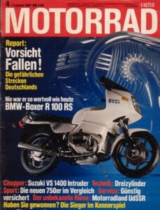 Titelseite: MOTORRAD 4/1987 – Test Suzuki VS 1400 Intruder; BMW R 100 RS; Kawasaki KLR 650