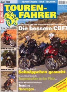 Titelseite: Tourenfahrer 4/2008 – Honda CBF 600 vs. CBF 1000; BMW F 650 / 800 GS