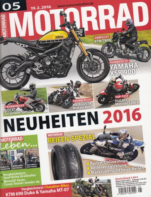 MOTORRAD 05/2016 – Fahrberichte Yamaha XSR 900, MV Agusta Brutale 800, Ducati Scrambler Sixty2, TOP-Test Ducati Monster 1200 R