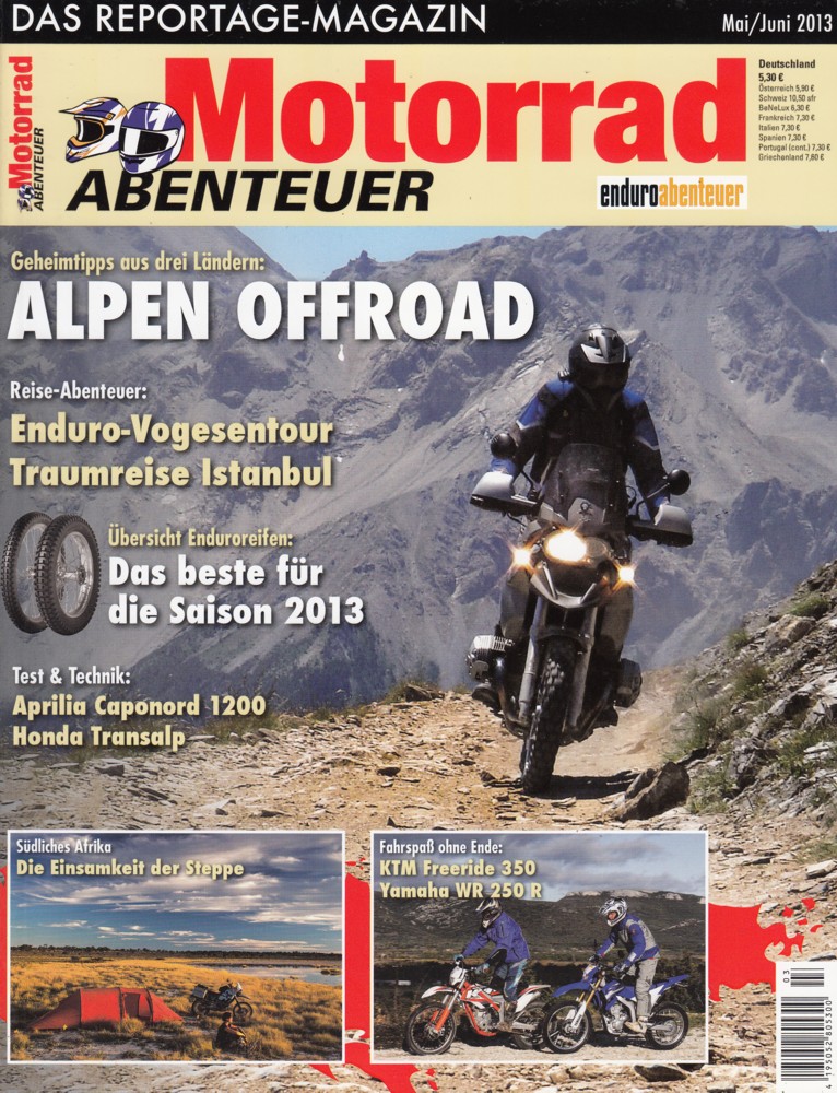 Titelbild: Motorrad Abenteuer 5/6 2013 – Vergleich KTM Freeride 350 vs. Yamaha WR 250 R