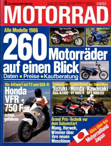 MOTORRAD 5/1986 – Test Honda VFR 750 F; Egli Target 600; Lück-Kawasaki KLR 600