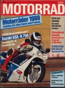 Titelseite: MOTORRAD 5/1988 – Yamaha SR 500, ein Rückblick; Test Suzuki GSX-R 750; Test Suzuki DR Big 750 S