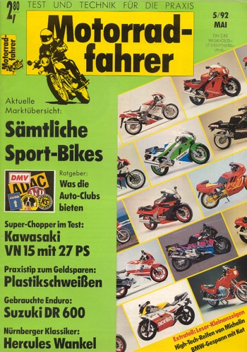 Motorradfahrer 5/1992 – Test Kawasaki VN 1500; Suzuki DR 600 S, aus 2. Hand kaufen; Test BMW R 100 R, als Kalich-Gespann