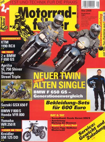 Motorradfahrer 5/2008 – KTM 1190 RC8 mit 114 kW (155 PS) Test & Technik; Suzuki GSX 650 F mit 63 kW (86 PS) Test & Technik