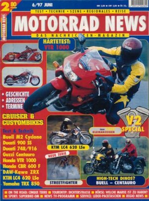 MOTORRAD NEWS 6/1997 – Honda VTR 1000 Firestorm mit 81 kW (110 PS) Test & Technik; Buell M2 Cyclone mit 60 kW (82 PS) im Vergleichstest; Moto Guzzi V10 Centauro mit 70 kW (95 PS) im Vergleichstest