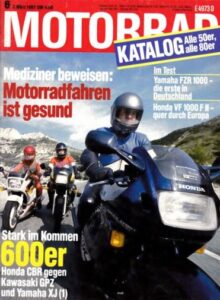 Titelseite: MOTORRAD 6/1987 – Test Yamaha FZR 1000 Genesis; Honda VF 1000 F2; Test Aprilia AF1 50; Test Honda MTX 80 R II