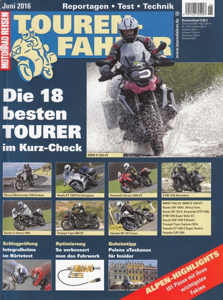 Titelbild: TOURENFAHRER 6/2016 – Triumph Bonneville T120 ; Reiseenduro-Überblick